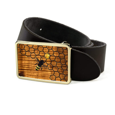Thalia Belts AAA Curly Hawaiian Koa & Pearl Bee with Honeycomb Inlay | Belt Buckle 24K Gold