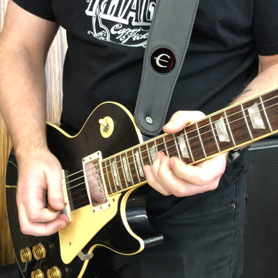 GibsonbyThalia Strap Black Ebony & Epiphone Pearl "E" Logo Inlay | Italian Leather Strap