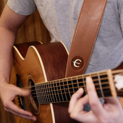GibsonbyThalia Strap Indian Rosewood & Epiphone Pearl "E" Logo Inlay | Italian Leather Strap