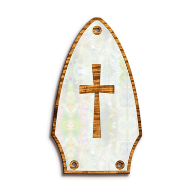 GibsonbyThalia Truss Rod Cover Custom Truss Rod Cover | Shape T8 - Fits Many Gibson Guitars Cross in Pearl / AAA Curly Koa