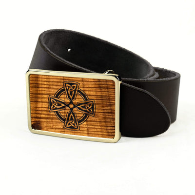 Thalia Belts AAA Curly Hawaiian Koa & Celtic Cross Engraving | Premium Leather Belt 24K Gold / Black / 32