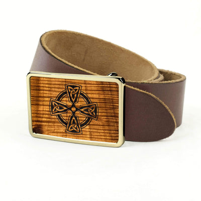 Thalia Belts AAA Curly Hawaiian Koa & Celtic Cross Engraving | Premium Leather Belt 24K Gold / Dark Brown / 32