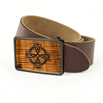 Thalia Belts AAA Curly Hawaiian Koa & Celtic Cross Engraving | Premium Leather Belt Black Chrome / Dark Brown / 32