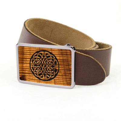 Thalia Belts AAA Curly Hawaiian Koa & Celtic Knot Engraving | Belt Buckle