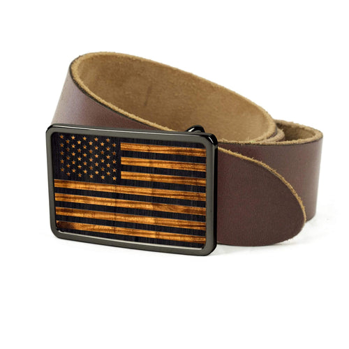 Thalia Belts AAA Curly Hawaiian Koa & Old Glory Engraving | Belt Buckle Black Chrome