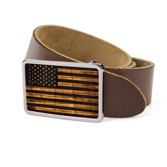 Thalia Belts AAA Curly Hawaiian Koa & Old Glory Engraving | Belt Buckle