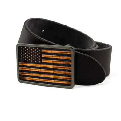 Thalia Belts AAA Curly Hawaiian Koa & Old Glory Engraving | Belt Buckle Brushed Black