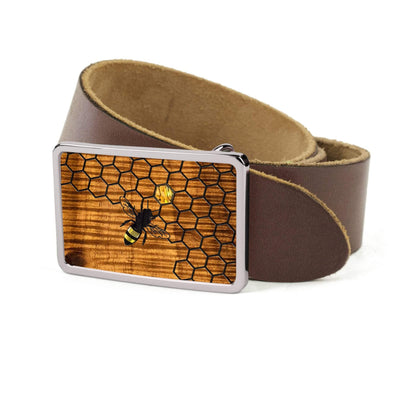 Thalia Belts AAA Curly Hawaiian Koa & Pearl Bee with Honeycomb Inlay | Belt Buckle