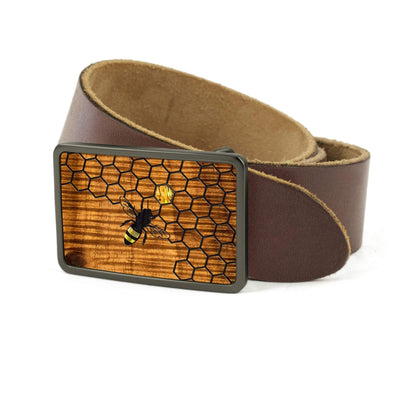 Thalia Belts AAA Curly Hawaiian Koa & Pearl Bee with Honeycomb Inlay | Belt Buckle