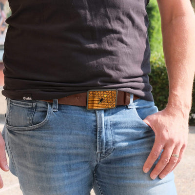 Thalia Belts AAA Curly Hawaiian Koa & Pearl Bee with Honeycomb Inlay | Belt Buckle