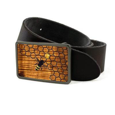 Thalia Belts AAA Curly Hawaiian Koa & Pearl Bee with Honeycomb Inlay | Belt Buckle Brushed Black