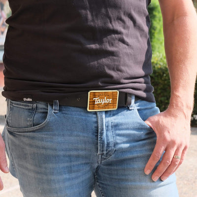 Thalia Belts AAA Curly Hawaiian Koa & Taylor Pearl Logo | Premium Leather Belt