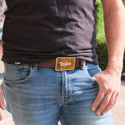 Thalia Belts AAA Curly Hawaiian Koa & Taylor Pearl Logo | Premium Leather Belt