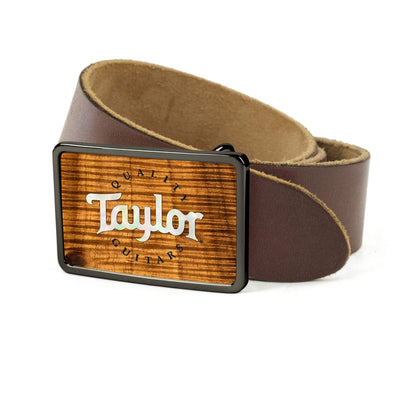 Thalia Belts AAA Curly Hawaiian Koa & Taylor Pearl Logo | Premium Leather Belt Black Chrome / Dark Brown / 26