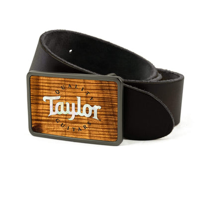Thalia Belts AAA Curly Hawaiian Koa & Taylor Pearl Logo | Premium Leather Belt Brushed Black / Black / 26