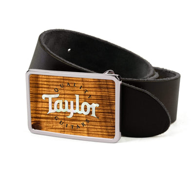 Thalia Belts AAA Curly Hawaiian Koa & Taylor Pearl Logo | Premium Leather Belt Chrome / Black / 26