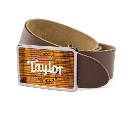 Thalia Belts AAA Curly Hawaiian Koa & Taylor Pearl Logo | Premium Leather Belt Chrome / Dark Brown / 26