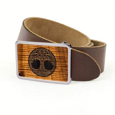 Thalia Belts AAA Curly Hawaiian Koa & Tree Of Life Engraving | Belt Buckle