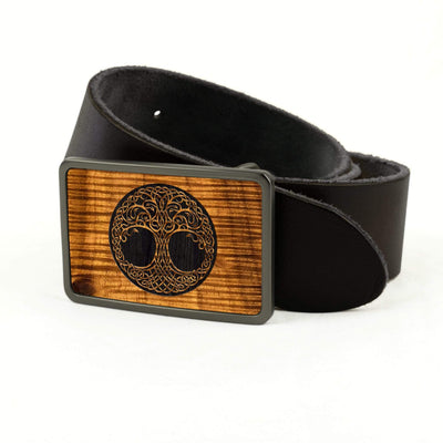 Thalia Belts AAA Curly Hawaiian Koa & Tree Of Life Engraving | Belt Buckle Brushed Black