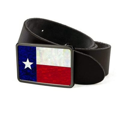 Thalia Belts Texas Lonestar Shell Inlay | Premium Leather Belt Black Chrome / Black / 32