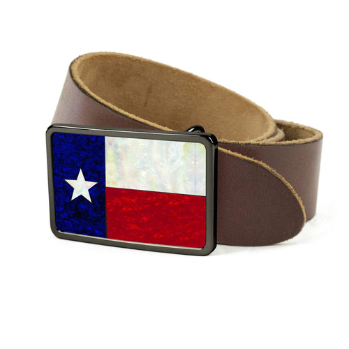 Thalia Belts Texas Lonestar Shell Inlay | Premium Leather Belt Black Chrome / Black / 32