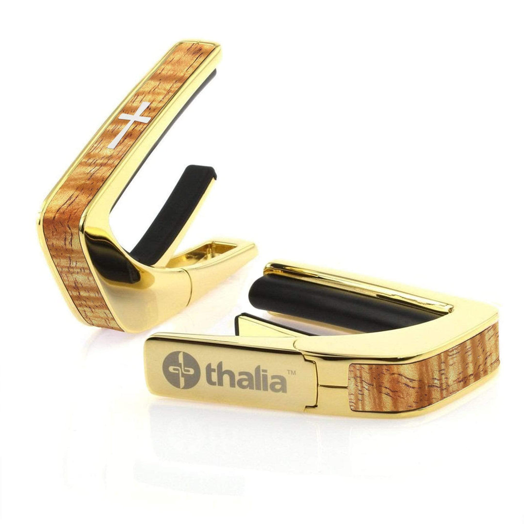 Thalia Capo AAA Grade Curly Hawaiian Koa & Pearl Cross | Capo 24K Gold / Vintage Blonde / Treble (attach capo from bottom of neck)