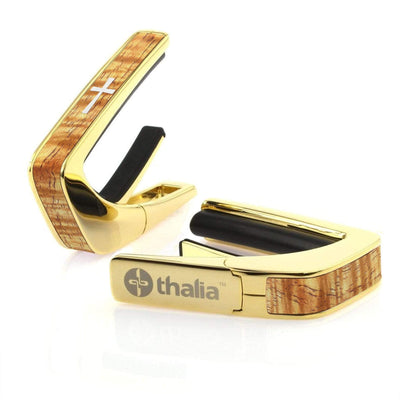 Thalia Capo AAA Grade Curly Hawaiian Koa & Pearl Cross | Capo 24K Gold / Vintage Blonde / Treble (attach capo from bottom of neck)