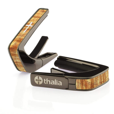 Thalia Capo AAA Grade Curly Hawaiian Koa & Pearl Cross | Capo Black Chrome / Vintage Blonde / Treble (attach capo from bottom of neck)