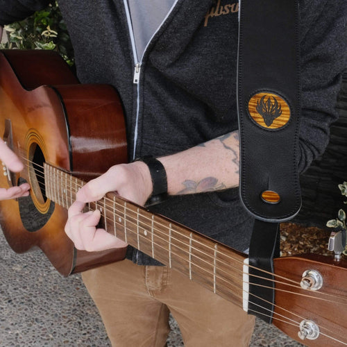 Thalia Leather Strap Tie AAA Curly Hawaiian Koa | Leather Strap Tie Black / Black / Headstock