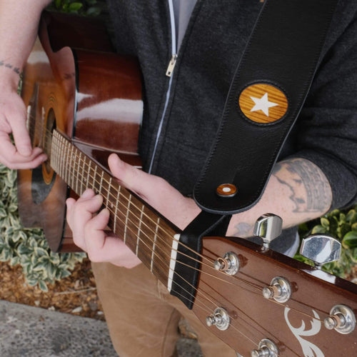 Thalia Leather Strap Tie Mother of Pearl & AAA Curly Hawaiian Koa | Leather Strap Tie Black / Black / Headstock