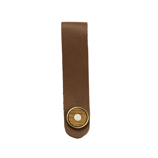 Thalia Leather Strap Tie Mother of Pearl & Exotic Wood | Leather Headstock Strap Tie Brown / Gold / AAA Curly Koa