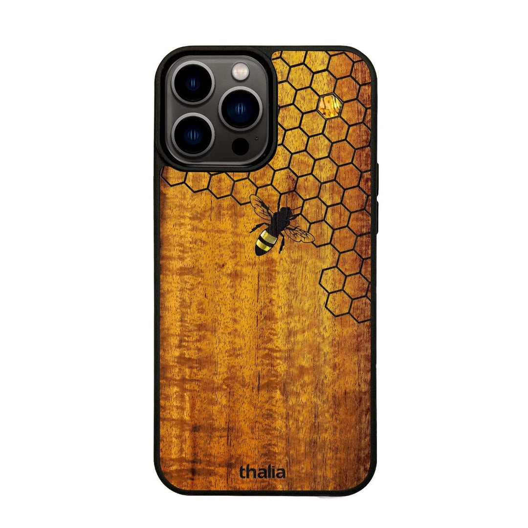 AAA Curly Koa Bee with Honeycomb Inlaid Phone Case | Thalia Exotic Wood Cases AAA Curly Koa Bee with Honeycomb Inlaid Phone Case | Thalia Exotic Wood Cases