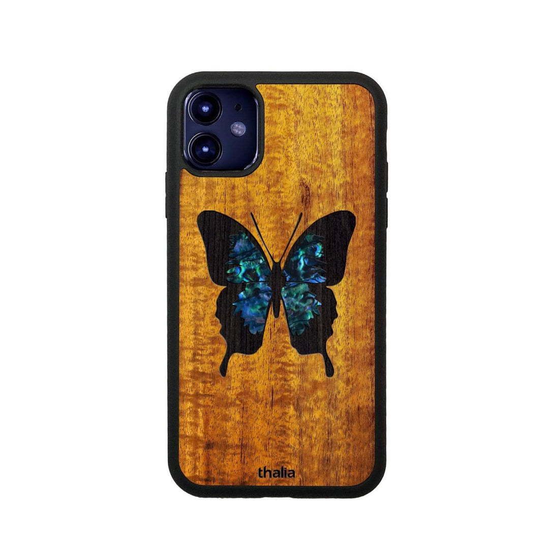 Thalia Phone Case AAA Curly Hawaiian Koa & Blue Abalone Butterfly | iPhone Case iPhone 11