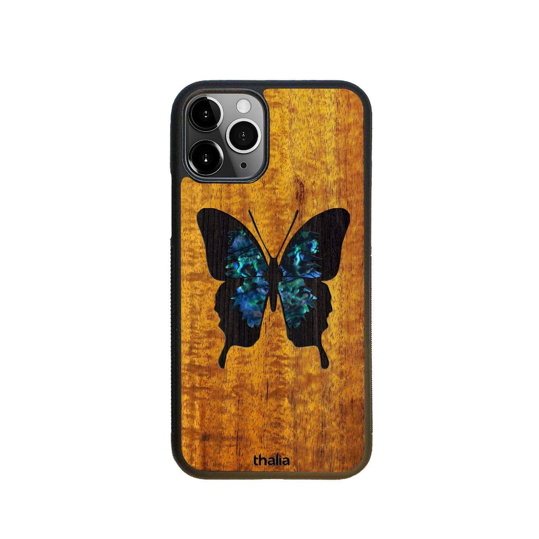 Thalia Phone Case AAA Curly Hawaiian Koa & Blue Abalone Butterfly | iPhone Case iPhone 11 Pro