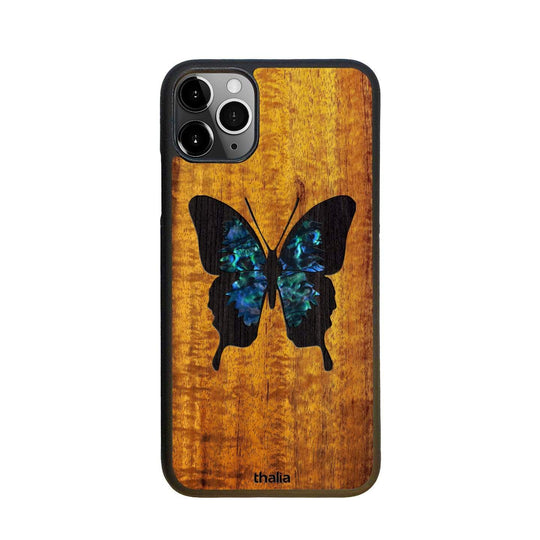 Thalia Phone Case AAA Curly Hawaiian Koa & Blue Abalone Butterfly | iPhone Case iPhone 11 Pro Max