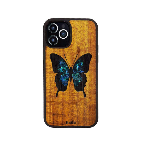 Thalia Phone Case AAA Curly Hawaiian Koa & Blue Abalone Butterfly | iPhone Case iPhone 12 / Pro