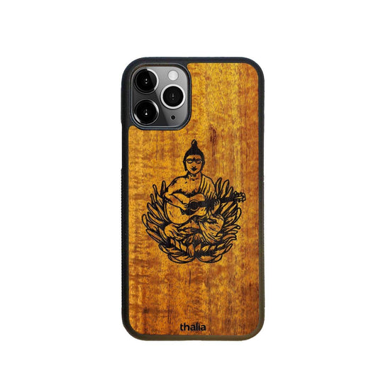 Thalia Phone Case Hawaiian Koa & Buddha Playing OM Guitar Engraving | iPhone Case iPhone 11 Pro