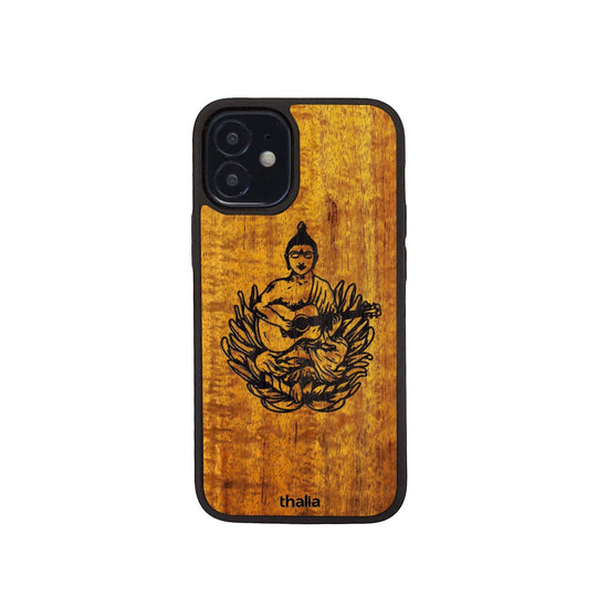 Thalia Phone Case Hawaiian Koa & Buddha Playing OM Guitar Engraving | iPhone Case iPhone 12 mini