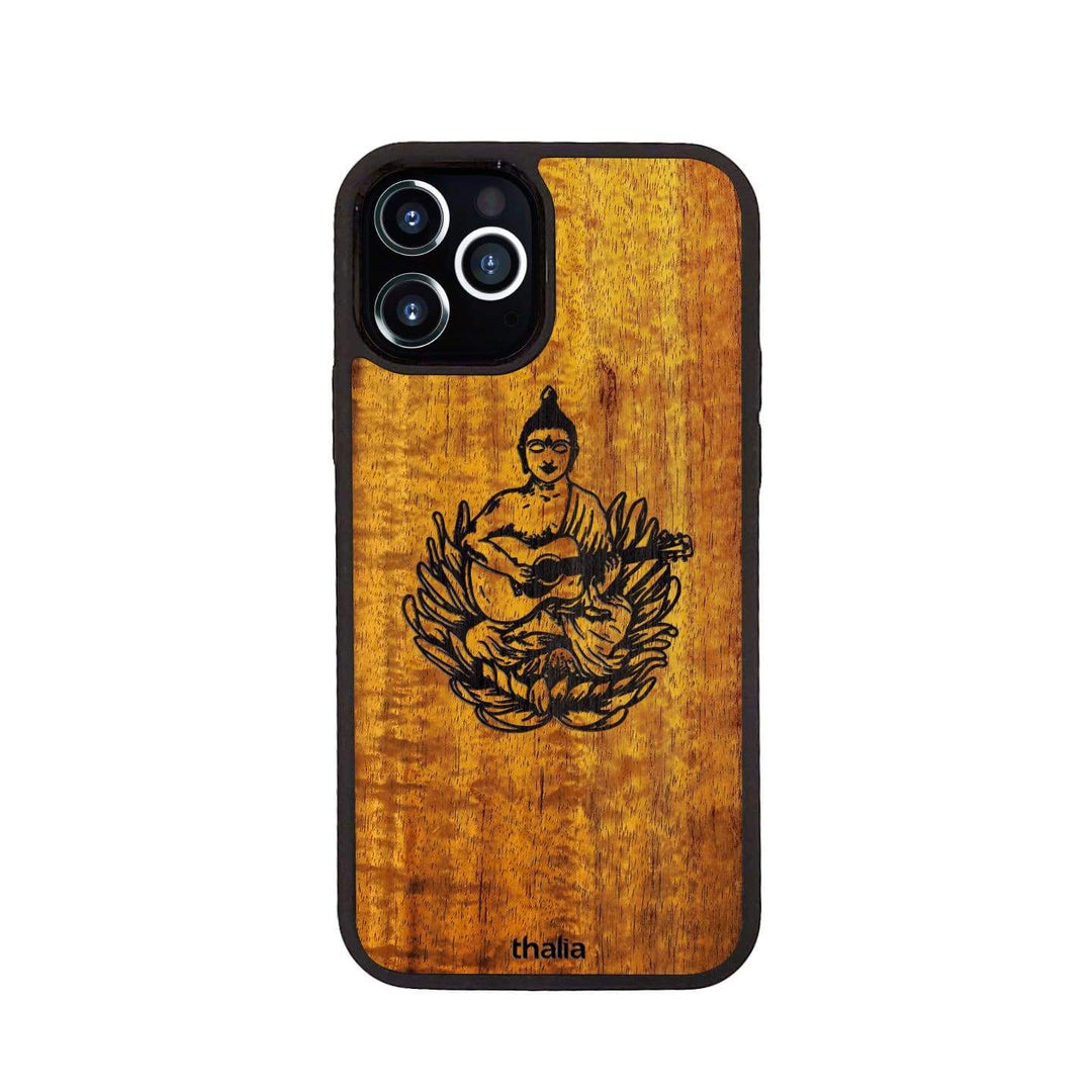 Thalia Phone Case Hawaiian Koa & Buddha Playing OM Guitar Engraving | iPhone Case iPhone 12 / Pro