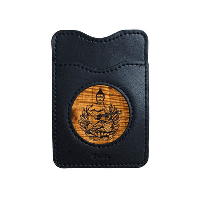 Thalia Phone Wallet Buddha Playing OM Guitar Engraving | Leather Phone Wallet AAA Curly Koa