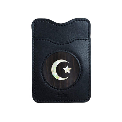 Thalia Phone Wallet Pearl Crescent Moon & Star | Leather Phone Wallet Black Ebony